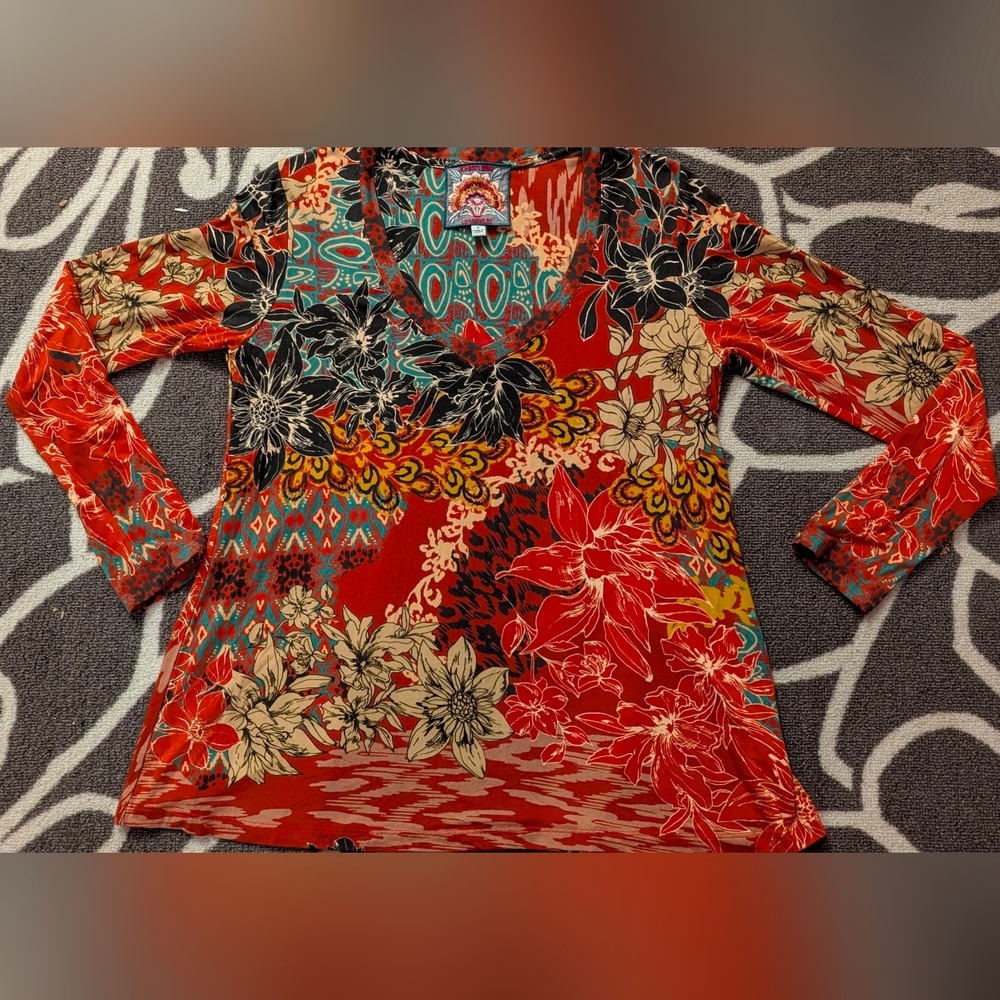Johnny Was The Janie Favorite Short Sleeve V-Neck Tee in a multi-color "Charlie"